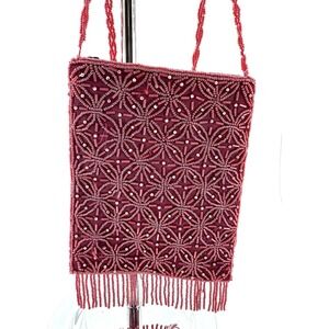 Vtg Art Deco Maroon Bead Evening Purse/Bag Flapper Style Beaded Fringe 7x5.5"
